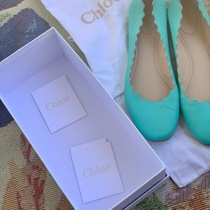 Chloe turquoise scalloped flats. US 10 UK 41. Original box and dust covers.